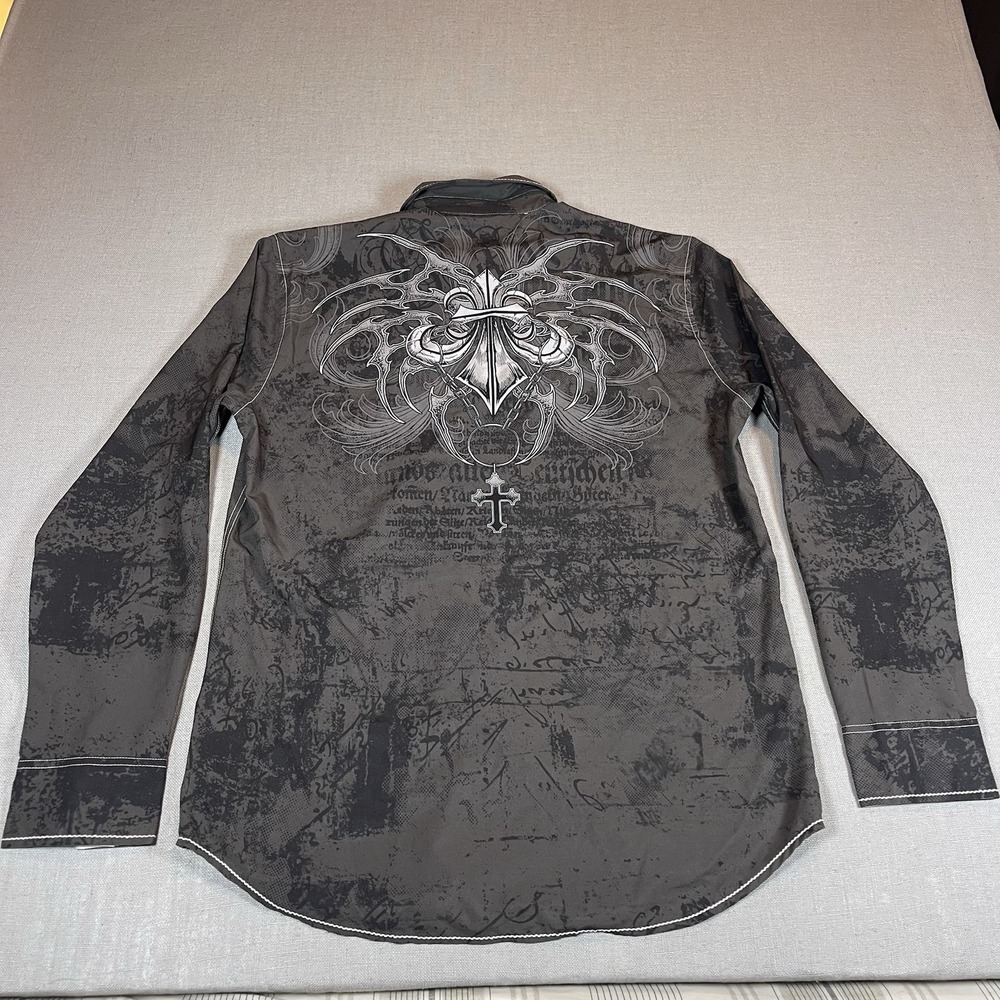 Affliction Live Fast Button Shirt Mens M Skull Cross Grunge Stretch Material - Picture 5 of 8